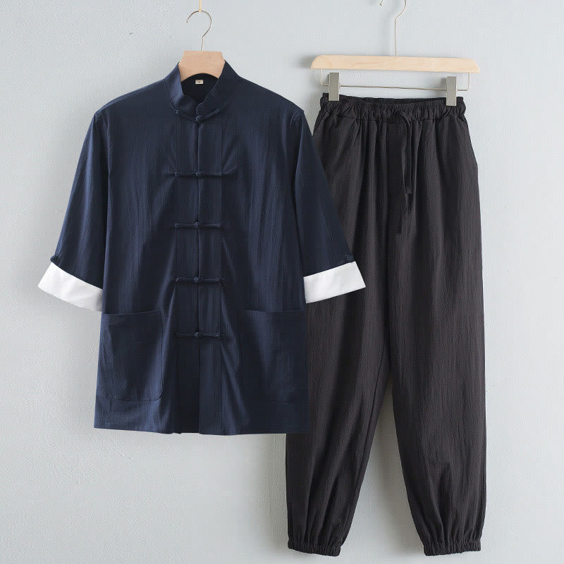 Buddha Stones Tang Frog-Button Three Quarter Sleeve Shirt Pants Men's Suit - MidnightBlue Shirt&Black Pant - US/UK/AU44，EU54 (4XL) - image 3