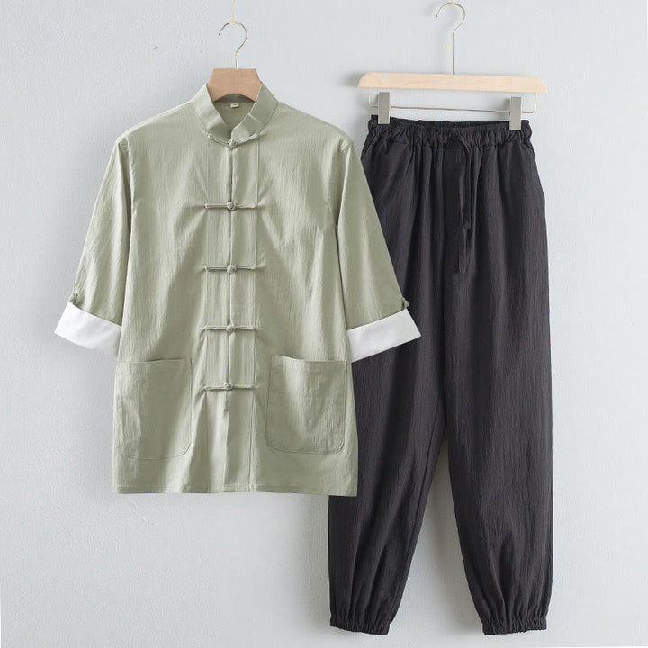 Buddha Stones Tang Frog-Button Three Quarter Sleeve Shirt Pants Men's Suit - DarkSeaGreen Shirt&Black Pant - US/UK/AU44，EU54 (4XL) - image 1