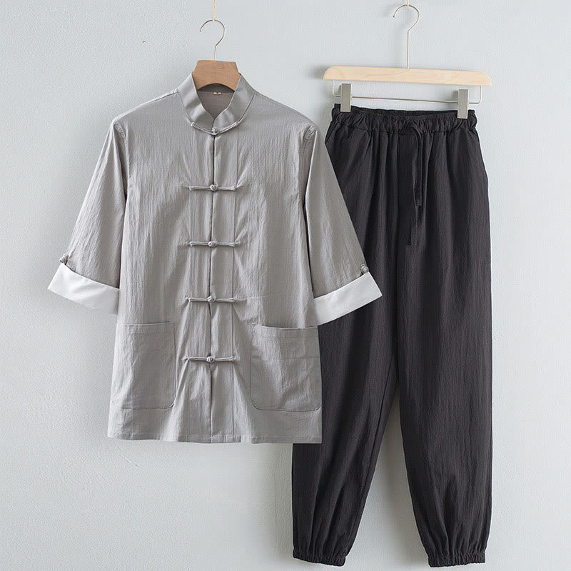 Buddha Stones Tang Frog-Button Three Quarter Sleeve Shirt Pants Men's Suit - LightGrey Shirt&Black Pant - US/UK/AU44，EU54 (4XL) - image 0
