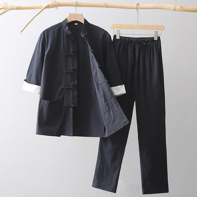 Buddha Stones Tang Frog-Button Three Quarter Sleeve Shirt Wide Leg Pants Cotton Linen Men's Suit - MidnightBlue - US/UK/AU44，EU54 (4XL) - image 5