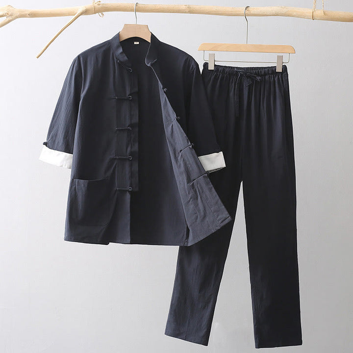 Buddha Stones Tang Frog-Button Three Quarter Sleeve Shirt Wide Leg Pants Cotton Linen Men's Suit - MidnightBlue - US/UK/AU44，EU54 (4XL) - image 5