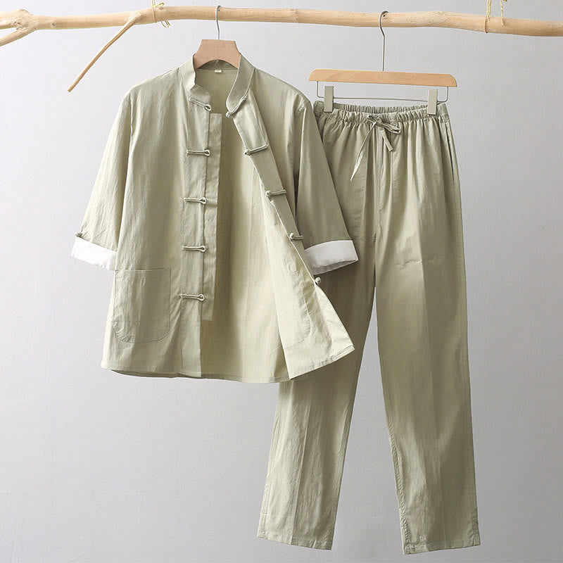 Buddha Stones Tang Frog-Button Three Quarter Sleeve Shirt Wide Leg Pants Cotton Linen Men's Suit - DarkKhaki - US/UK/AU44，EU54 (4XL) - image 1