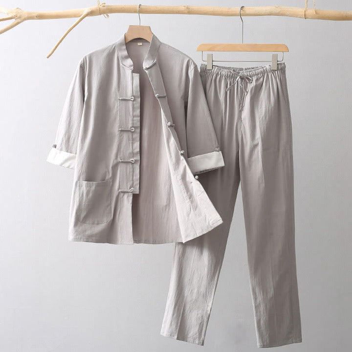 Buddha Stones Tang Frog-Button Three Quarter Sleeve Shirt Wide Leg Pants Cotton Linen Men's Suit - DarkGray - US/UK/AU44，EU54 (4XL) - image 2