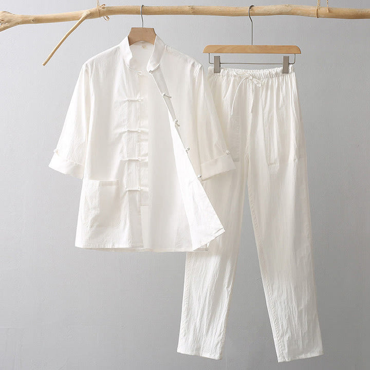 Buddha Stones Tang Frog-Button Three Quarter Sleeve Shirt Wide Leg Pants Cotton Linen Men's Suit - White - US/UK/AU44，EU54 (4XL) - image 6