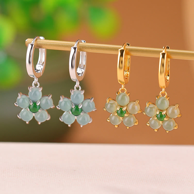 Buddha Stones 925 Sterling Silver Plated Gold Green Jade Flower Design Luck Prosperity Earrings - image 6