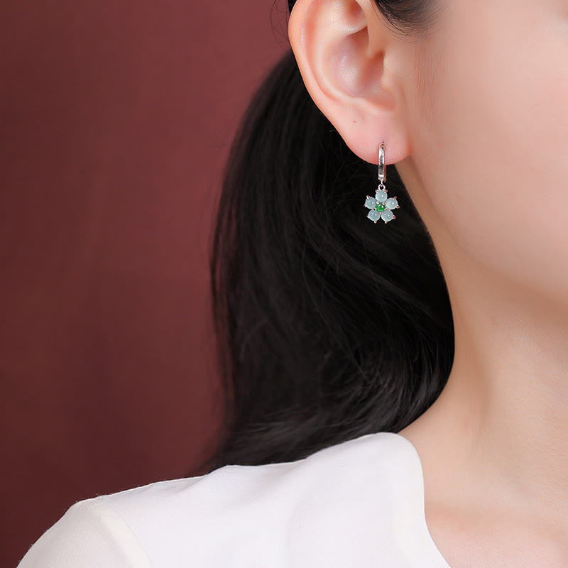 Buddha Stones 925 Sterling Silver Plated Gold Green Jade Flower Design Luck Prosperity Earrings - image 7