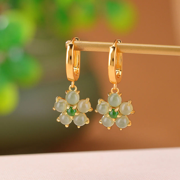 Buddha Stones 925 Sterling Silver Plated Gold Green Jade Flower Design Luck Prosperity Earrings - 925 Sterling Silver Plated Gold - image 0