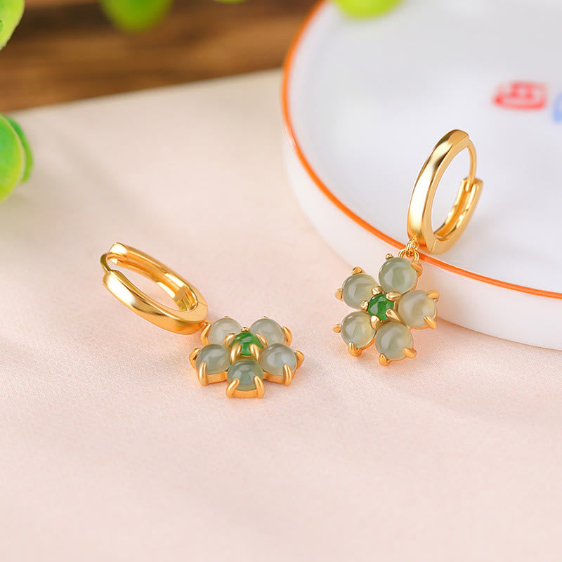 Buddha Stones 925 Sterling Silver Plated Gold Green Jade Flower Design Luck Prosperity Earrings - image 1