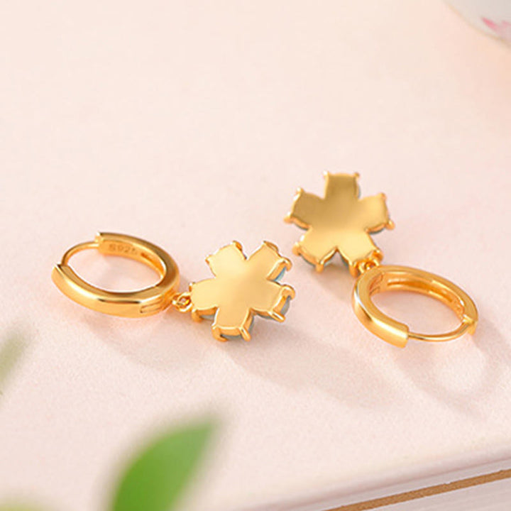 Buddha Stones 925 Sterling Silver Plated Gold Green Jade Flower Design Luck Prosperity Earrings - image 2