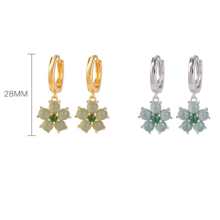 Buddha Stones 925 Sterling Silver Plated Gold Green Jade Flower Design Luck Prosperity Earrings - image 10