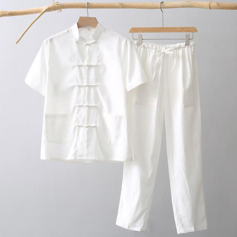 Buddha Stones Tang Frog-Button Short Sleeve Shirt Wide Leg Pants Men's Suit - White - US/UK/AU44，EU54 (4XL) - image 0