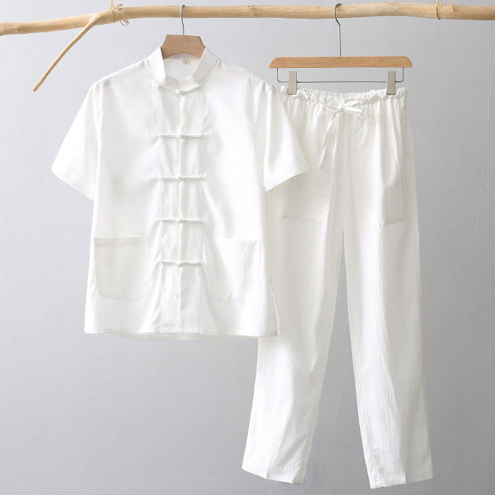 Buddha Stones Tang Frog-Button Short Sleeve Shirt Wide Leg Pants Men's Suit - White - US/UK/AU44，EU54 (4XL) - image 0