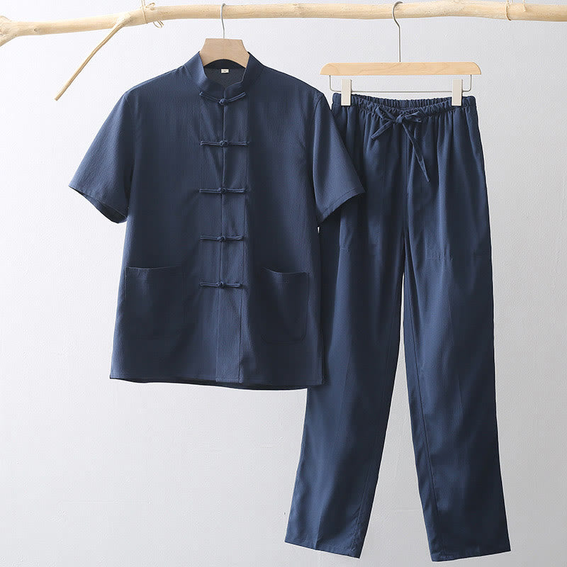 Buddha Stones Tang Frog-Button Short Sleeve Shirt Wide Leg Pants Men's Suit - MidnightBlue - US/UK/AU44，EU54 (4XL) - image 2