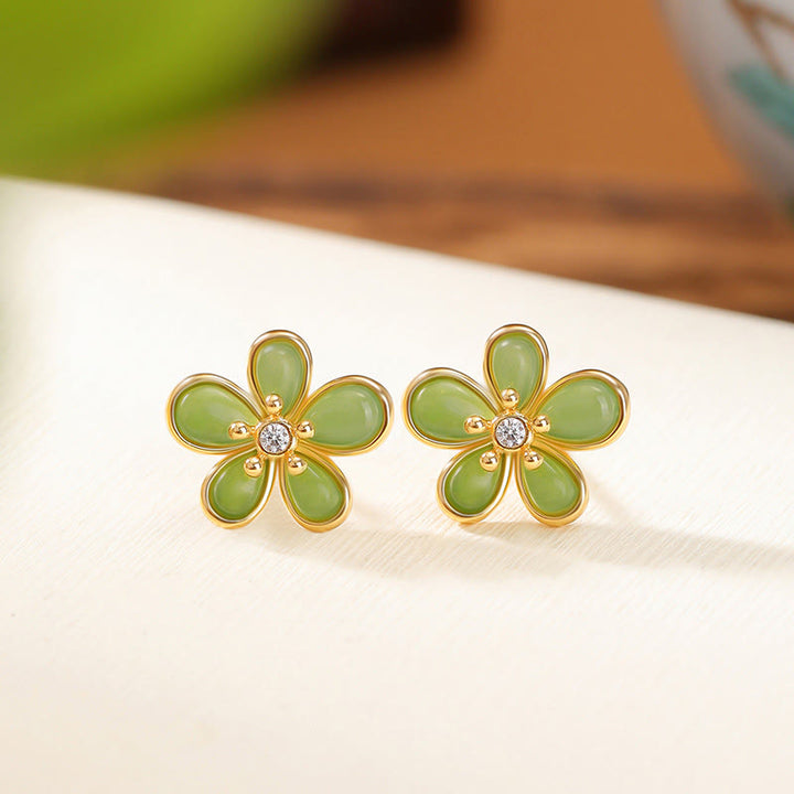 Buddha Stones 925 Sterling Silver Hetian Jade Flower Design Abundance Luck Earrings  - 925 Stealing Silver(Luck❤Calm) - image 0