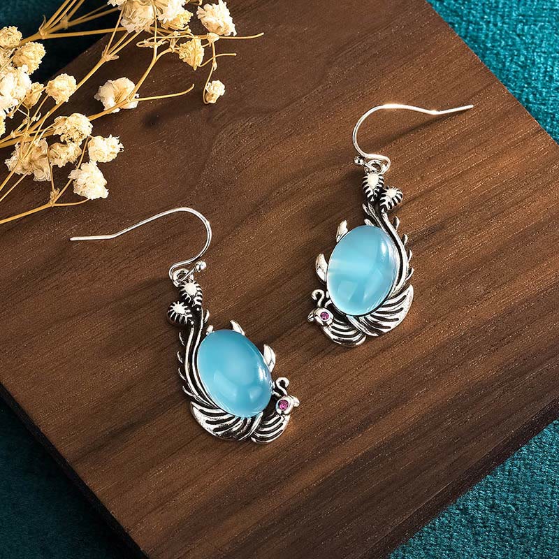 Buddha Stones 925 Sterling Silver Posts Blue Chalcedony Koi Fish Balance Vitality Earrings - image 1