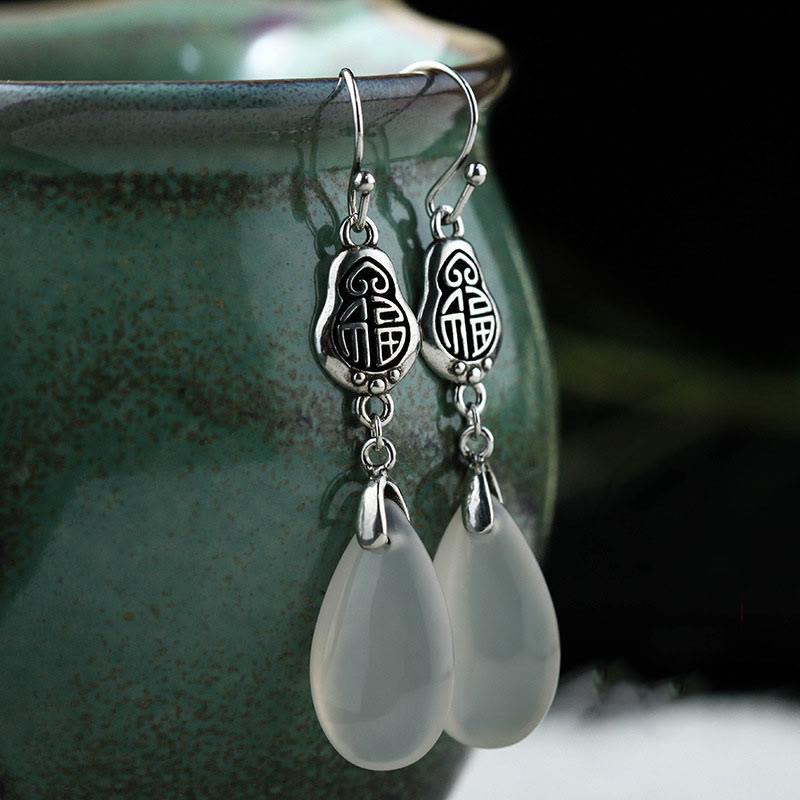 Buddha Stones 925 Sterling Silver Posts Natural Chalcedony Fu Character Positive Harmony Earrings - image 1