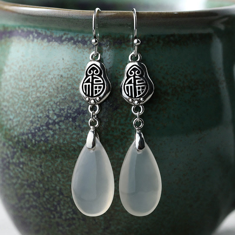 Buddha Stones 925 Sterling Silver Posts Natural Chalcedony Fu Character Positive Harmony Earrings - Chalcedony(925 Sterling Silver Posts) - image 0