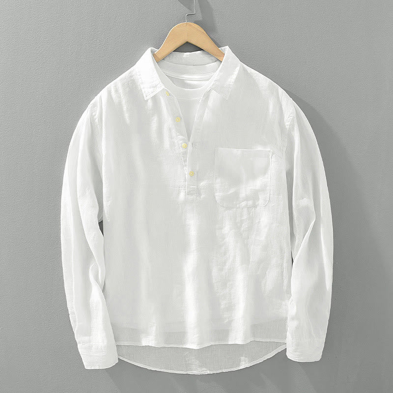 Buddha Stones Solid Color Loose Long Sleeve Half Button Shirt Linen Men Clothing - White - US/UK/AU42，EU52 (3XL) - image 0