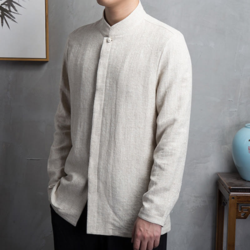 Buddha Stones Solid Color Chinese Tang Suit Cotton Linen Jacket Men Clothing - image 1