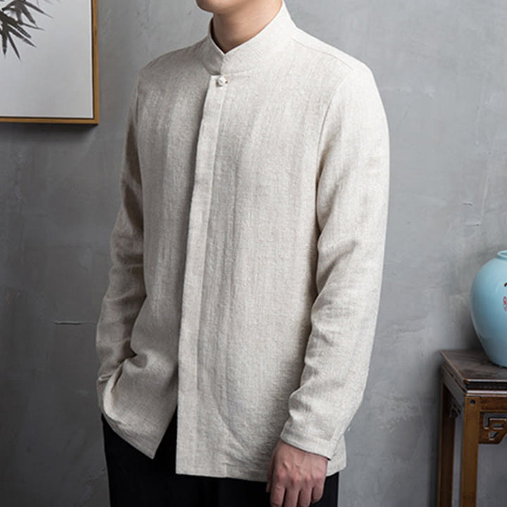 Buddha Stones Solid Color Chinese Tang Suit Cotton Linen Jacket Men Clothing - image 1