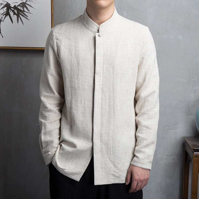 Buddha Stones Solid Color Chinese Tang Suit Cotton Linen Jacket Men Clothing - Linen - US/UK/AU44，EU54 (4XL) - image 0