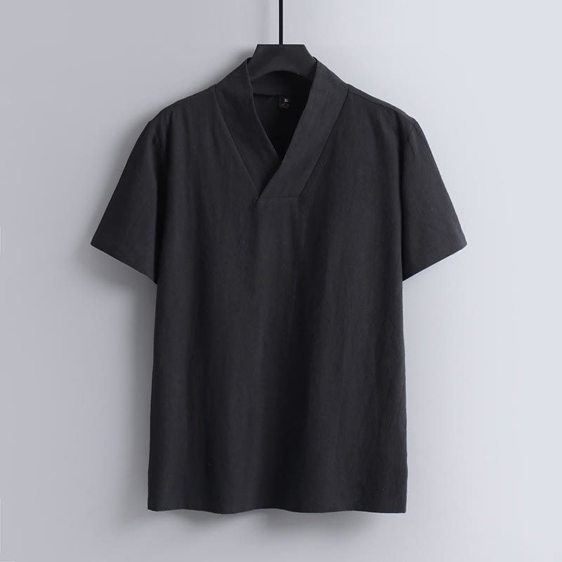 Buddha Stones Loose Men's T-Shirt Solid Color Top Short Sleeve V Collar Breathable Linen Shirt - Black - US/UK/AU54，EU64 (9XL) - image 2