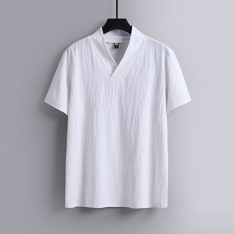 Buddha Stones Loose Men's T-Shirt Solid Color Top Short Sleeve V Collar Breathable Linen Shirt - White - US/UK/AU54，EU64 (9XL) - image 1