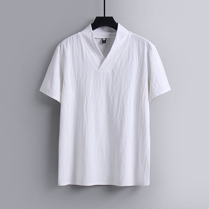 Buddha Stones Loose Men's T-Shirt Solid Color Top Short Sleeve V Collar Breathable Linen Shirt - White - US/UK/AU54，EU64 (9XL) - image 1