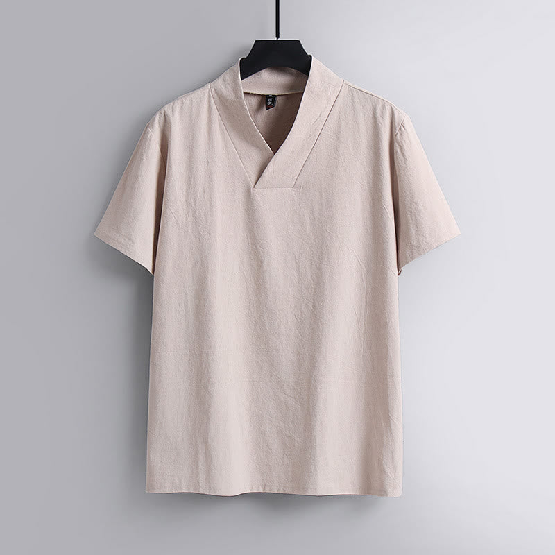 Buddha Stones Loose Men's T-Shirt Solid Color Top Short Sleeve V Collar Breathable Linen Shirt - MistyRose - US/UK/AU54，EU64 (9XL) - image 4