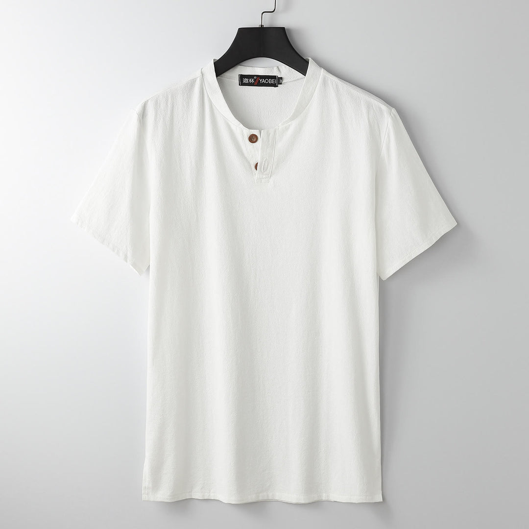 Buddha Stones Loose Men's T-shirt Solid Color Top Short Sleeve Button Notched Neck Soft Cotton Linen Shirt - White - US/UK/AU54，EU64 (9XL) - image 0