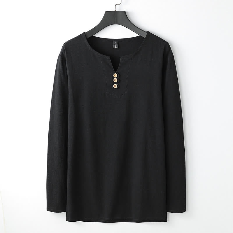 Buddha Stones Solid Color Long Sleeve Button Shirt Cotton Linen Men Clothing - Black - US/UK/AU54，EU64 (9XL) - image 3