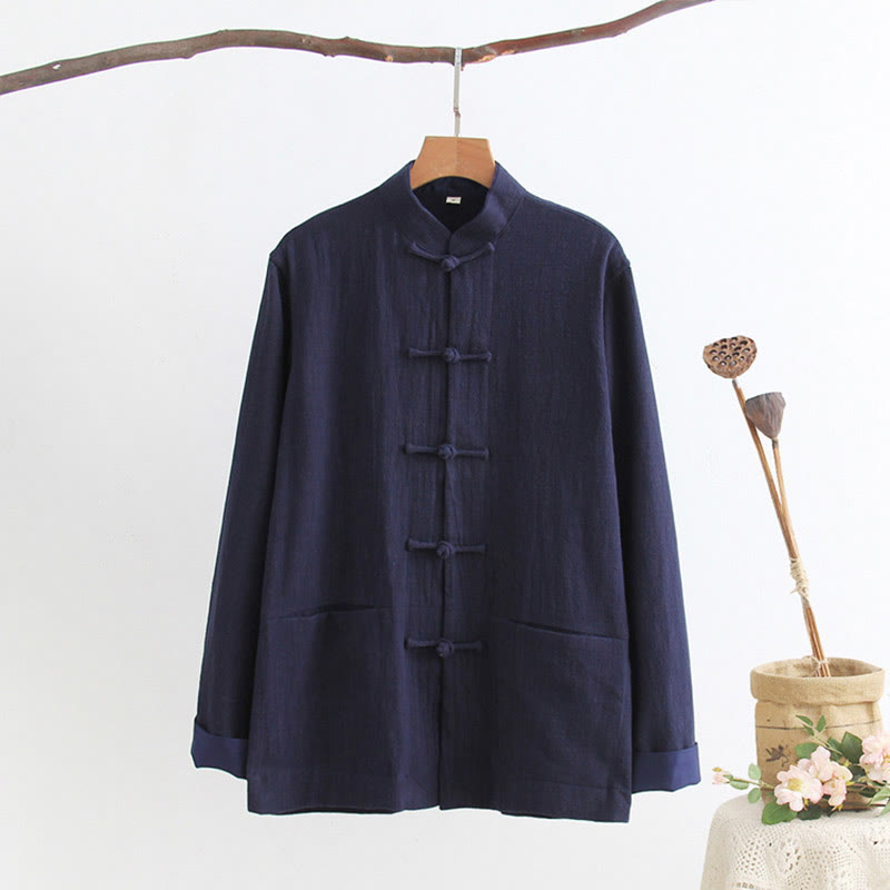Buddha Stones Tang Frog-Button Long Sleeve Shirt Cotton Linen Men's Clothing - MidnightBlue - US/UK/AU44，EU54 (4XL) - image 3