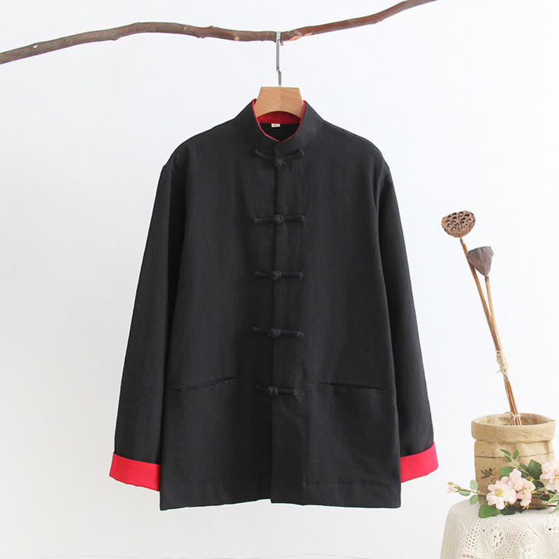 Buddha Stones Tang Frog-Button Long Sleeve Shirt Cotton Linen Men's Clothing - Black - US/UK/AU44，EU54 (4XL) - image 2