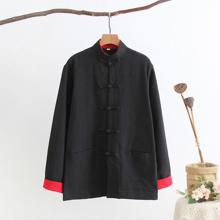 Buddha Stones Tang Frog-Button Long Sleeve Shirt Cotton Linen Men's Clothing - Black - US/UK/AU44，EU54 (4XL) - image 2