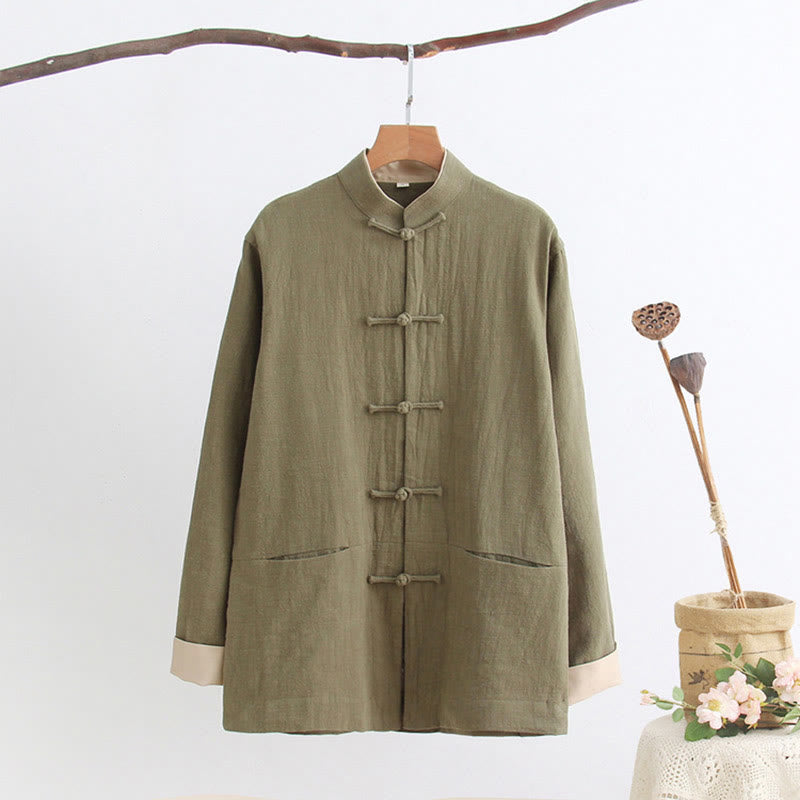 Buddha Stones Tang Frog-Button Long Sleeve Shirt Cotton Linen Men's Clothing - DarkKhaki - US/UK/AU44，EU54 (4XL) - image 0