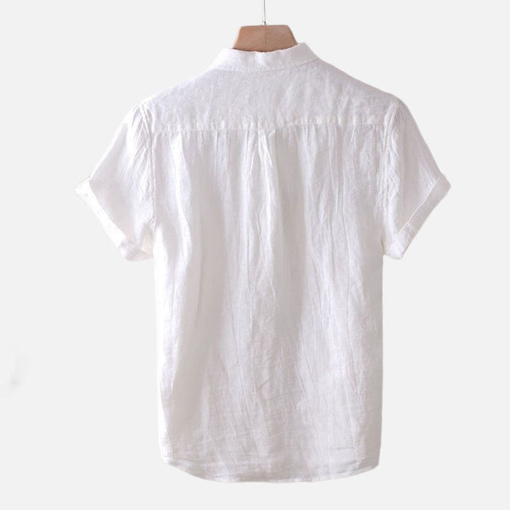 Buddha Stones Men's Shirt Solid Color Lapel Top Short Sleeve Comfy Button Crease Cotton Linen Shirt - image 8