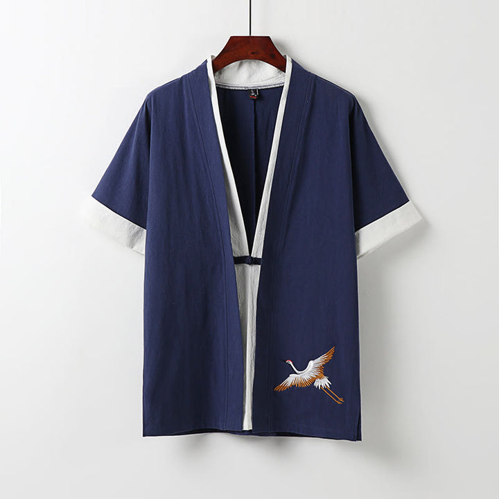 Buddha Stones Fake Two-piece Men's Half Sleeve Embroidery Hanfu Comfort Cotton Kimono - DarkBlue - US/UK/AU54，EU64 (9XL) - image 2