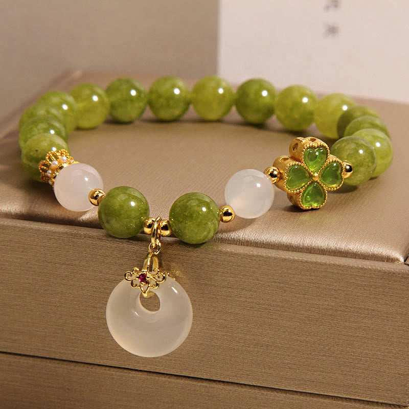 Buddha Stones Green Tourmaline Chalcedony Four Leaf Clover Peace Buckle Charm Wisdom Bracelet - image 3