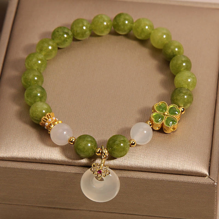 Buddha Stones Green Tourmaline Chalcedony Four Leaf Clover Peace Buckle Charm Wisdom Bracelet - image 4