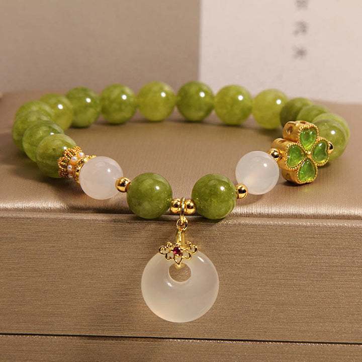 Buddha Stones Green Tourmaline Chalcedony Four Leaf Clover Peace Buckle Charm Wisdom Bracelet - Tourmaline(Positive♥Love)(Wrist Circumference 14-16cm) - image 0