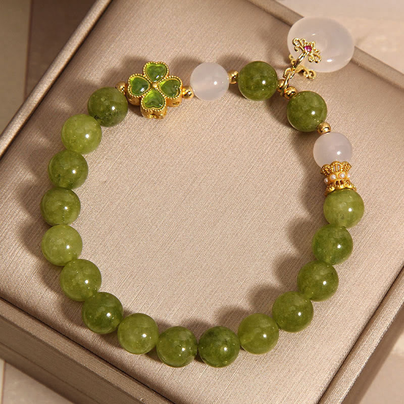 Buddha Stones Green Tourmaline Chalcedony Four Leaf Clover Peace Buckle Charm Wisdom Bracelet - image 2