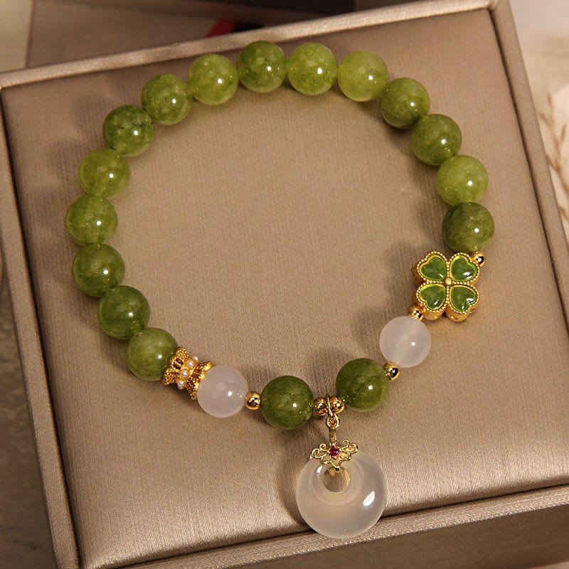 Buddha Stones Green Tourmaline Chalcedony Four Leaf Clover Peace Buckle Charm Wisdom Bracelet - image 5