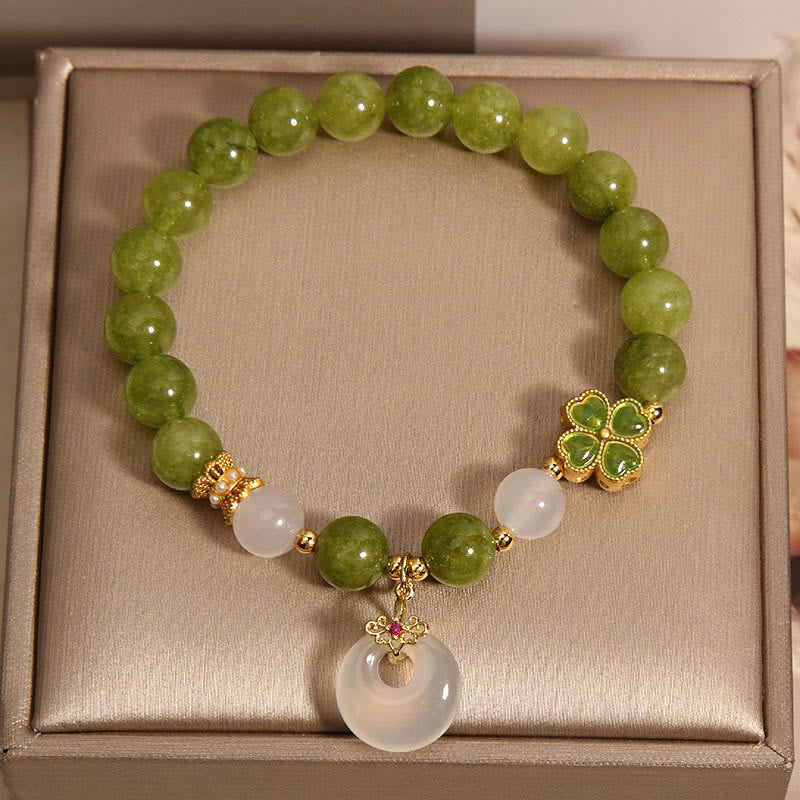 Buddha Stones Green Tourmaline Chalcedony Four Leaf Clover Peace Buckle Charm Wisdom Bracelet - image 1