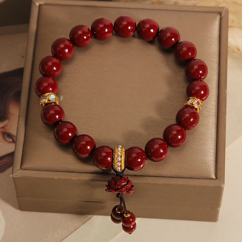 Buddha Stones Cinnabar Lotus Blessing Charm Bracelet - image 2
