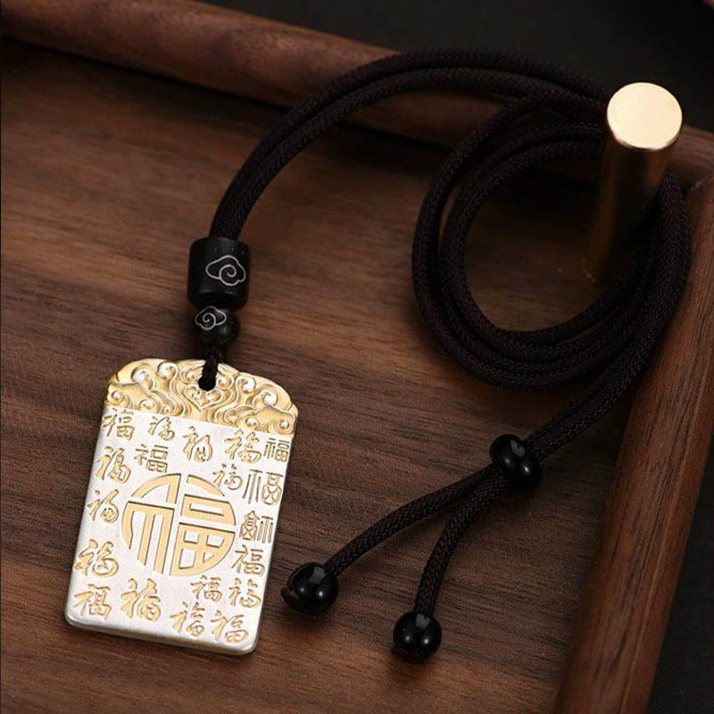 Buddha Stones Silver Plated Copper Fu Character Auspicious Clouds Luck Fortune Rope Necklace Pendant - image 1