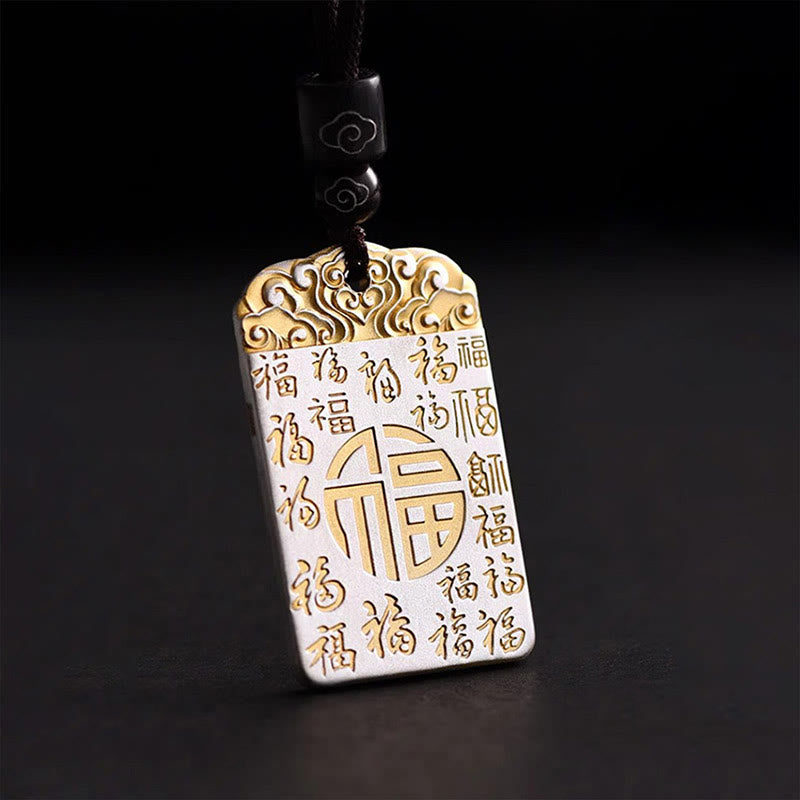 Buddha Stones Silver Plated Copper Fu Character Auspicious Clouds Luck Fortune Rope Necklace Pendant - Fu Character Auspicious Clouds - image 0