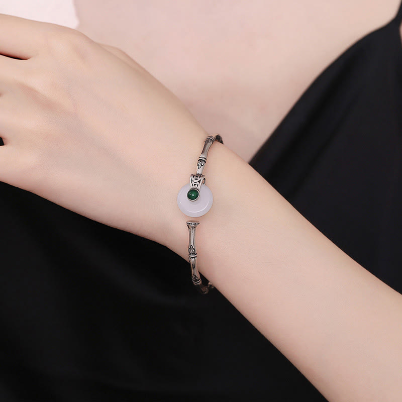 Buddha Stones White Jade Peace Buckle Bamboo Design Luck Copper Cuff Bracelet Bangle - image 3