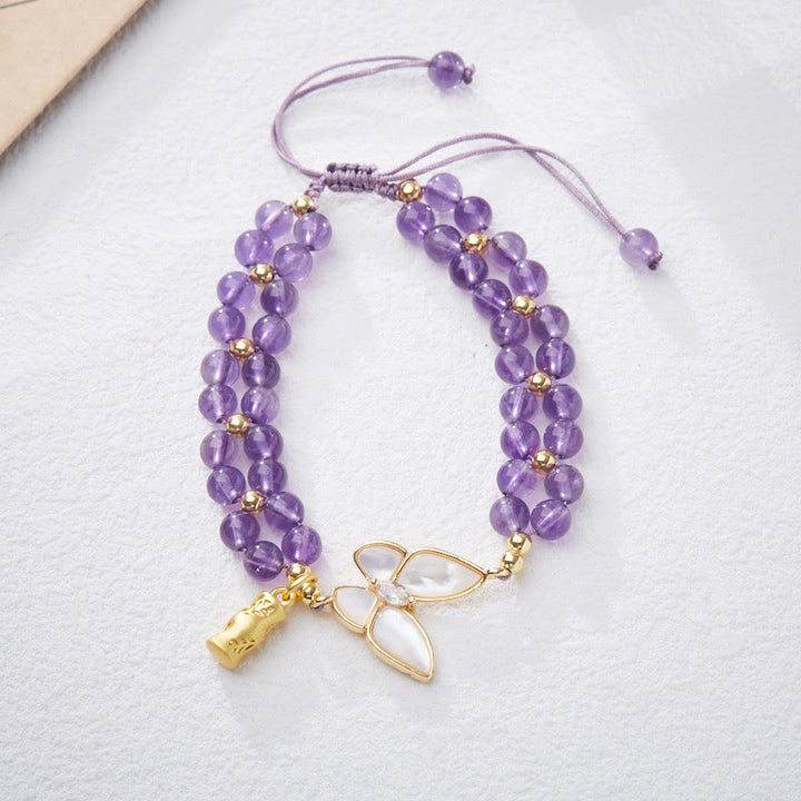 Buddha Stones Natural Aquamarine Amethyst Moonstone Butterfly Bamboo Healing Bracelet - Amethyst(Wrist Circumference: About 14-16cm) - image 9