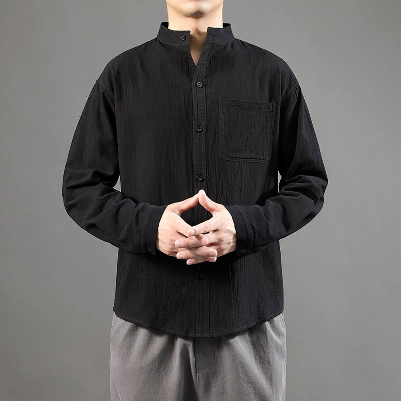 Buddha Stones Men's Long Sleeve Shirt With Pocket Stand Collar Comfort Shirt - image 16