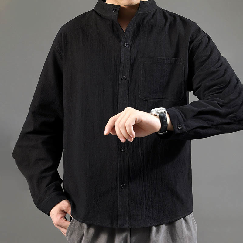 Buddha Stones Men's Long Sleeve Shirt With Pocket Stand Collar Comfort Shirt - image 19